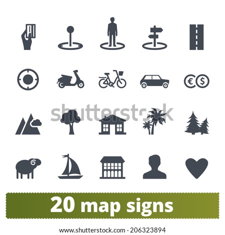 Map icons: vector set of places, locations, transport and landmarks