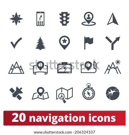 Navigation icons: vector set of map, direction, cartography and locations