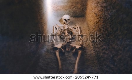 Skeleton in tomb. The skeleton of the princess. Archaeological excavations and finds, a detail of ancient research, prehistory. Bones of a skeleton in a human burial Royalty-Free Stock Photo #2063249771