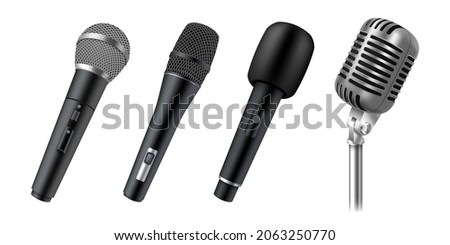 Set of realistic microphones for stage, vocal, karaoke or public speech isolated on white background. Modern and vintage audio equipment. 3d vector illustration