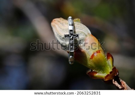 Catholic rosary ring around a chestnut bud in spring.
