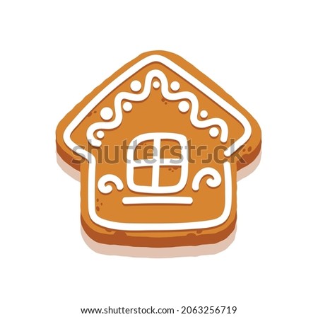 Christmas Gingerbread Cookie in Shape House, Cartoon Sweets, Decorated Pastry with Icing Graphic Design Element, Xmas Traditional Snack Isolated on White Background. Vector Illustration, Icon