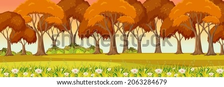 Autumn season with nature park at sunset time horizontal scene illustration