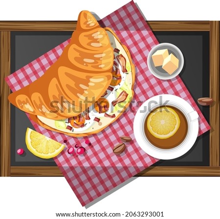 Breakfast croissant sandwich with a cup of lemon tea on a wooden plate isolated illustration