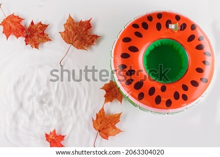 Goodbye, summer background. Watermelon lifebuoy in a swimming pool with autumnal maple leaves on a surface. Copy space