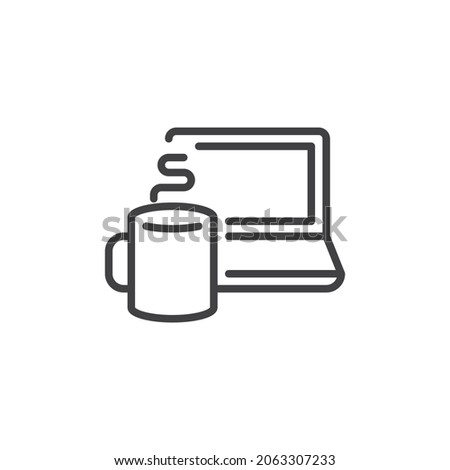 Laptop and coffee cup line icon. linear style sign for mobile concept and web design. Computer and hot drink outline vector icon. Coffee break symbol, logo illustration. Vector graphics