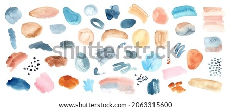 Set of various watercolor forms, washses, splotches, abstract design elements. Colorful backgrounds, textures. Isolated on white background. Royalty-Free Stock Photo #2063315600