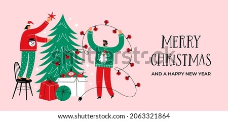 Merry Christmas and happy new year banner or landing page with happy people decorated christmas tree together. Trendy characters celebrate winter holidays. 