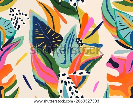 Modern exotic floral jungle pattern. Collage contemporary seamless pattern. Hand drawn cartoon style pattern. Royalty-Free Stock Photo #2063327303