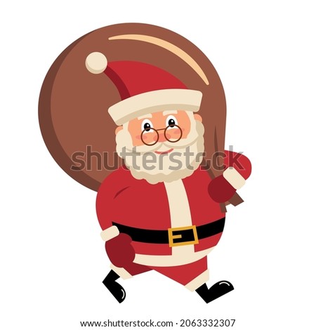 Santa Claus with Sack of Toys is coming walking isolated on white vector illlustration