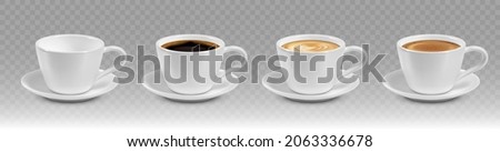 Realistic coffee cup set with different color hot drink. Black coffee, cappuccino, espresso, macchiato, mocha side view. Royalty-Free Stock Photo #2063336678