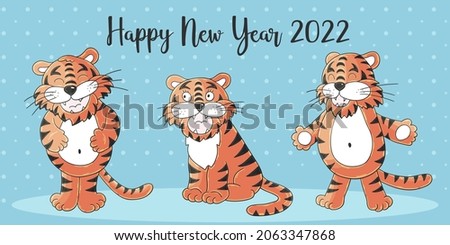 Symbol of 2022. New Year vector greeting card in hand draw style. New Year. Three tigers. Cartoon illustration for postcards