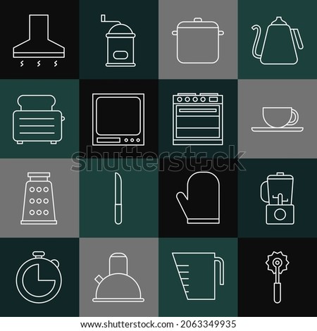Set line Pizza knife, Blender, Coffee cup, Cooking pot, Electronic scales, Toaster with toasts, Kitchen extractor fan and Oven icon. Vector