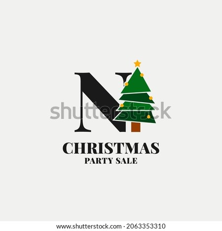 letter N with christmas tree decoration for celebrating december sale or party initial icon