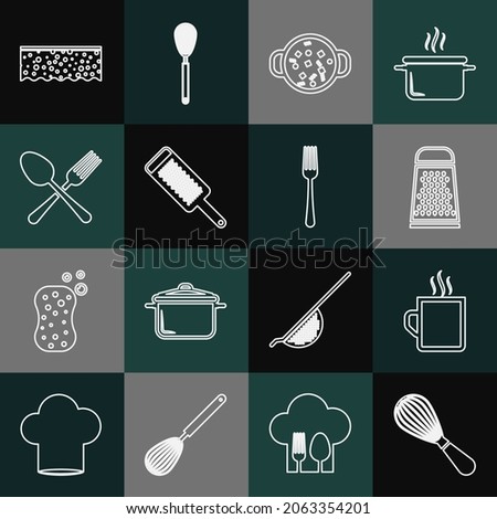 Set line Kitchen whisk, Coffee cup, Grater, Cooking soup in pot, Crossed fork and spoon, Sponge with bubbles and Fork icon. Vector