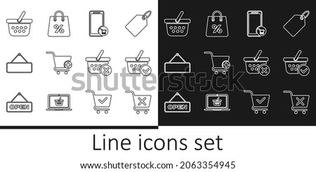 Set line Remove shopping cart, Shopping basket with check mark, Mobile and, Add to, Signboard hanging,  and bag percent icon. Vector