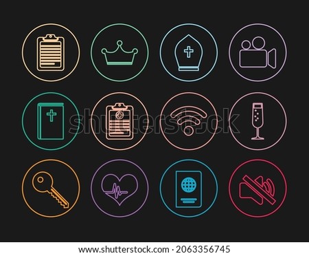 Set line Speaker mute, Glass of champagne, Pope hat, Clinical record, Holy bible book, Clipboard with document, Wi-Fi wireless network and Crown icon. Vector