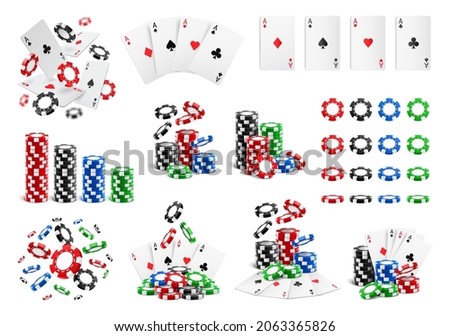 Playing cards fall and fly, betting chips piles and heaps, casino big set, realistic 3d icons. Vector gambling game coins in different angles. Stalks, poker aces clubs and diamonds, hearts and spades Royalty-Free Stock Photo #2063365826