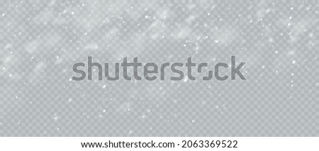 Snow Blizzard realistic overlay background. Snowflakes flying in the sky isolated on transparent background. Background for Christmas design. Vector illustration EPS10 Royalty-Free Stock Photo #2063369522