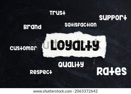 Loyalty, brand, trust, quality and satisfaction concept, words written on a piece of paper and chalk board.