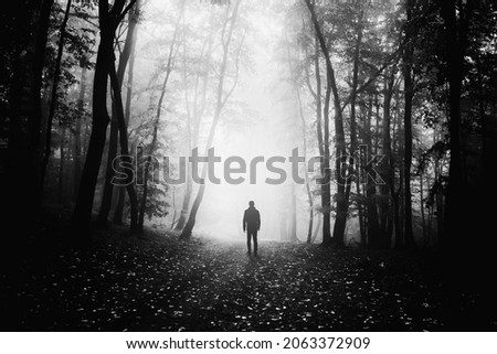 man on scary forest road, dark fantasy landscape Royalty-Free Stock Photo #2063372909