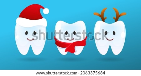 Cute smile Teeth with xmas accessories. Merry Christmas Tooth with Santa hat. White winter teeth emoji with deer horns photo props.Vector