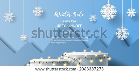 Winter sale product banner, 
podium platform with geometric shapes and snowflake, paper illustration, and 3d paper. Royalty-Free Stock Photo #2063387273