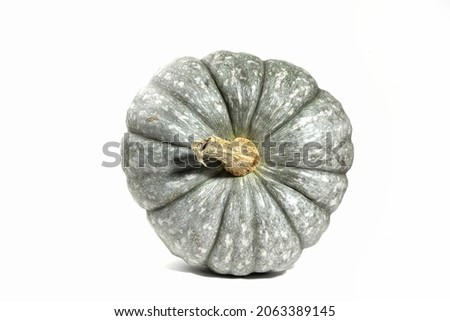 Ugly ripe green pumpkin on a white background. Organic waste of overripe fruits. Ugly food, fruits. Top side view. Copy space