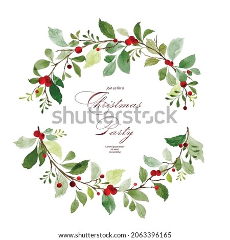 Merry Christmas with berry wreath watercolor. Bouquet of holly leaves and pine branches watercolor hand-painted. Suitable for Christmas cards design, New year invitations. Royalty-Free Stock Photo #2063396165
