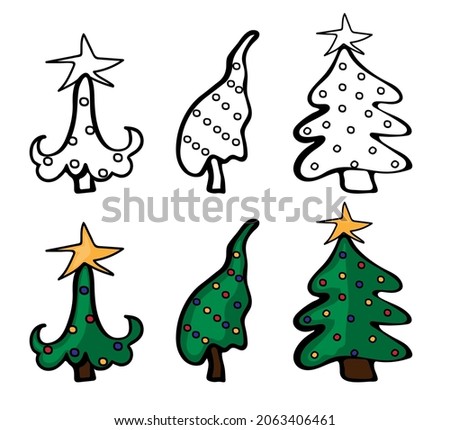 Set of Christmas tree in doodle style. New year and christmas hand-drawn decorations. Vector illustration.