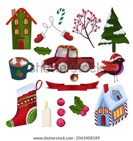 Christmas collection with car, candle, Christmas houses, bird, red berries a cup of cocoa and other. Merry Christmas and Happy New Year. Vector icons