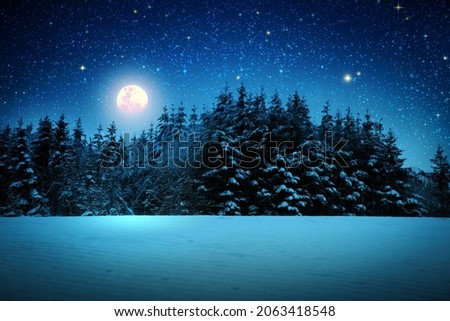 Winter forest and full moon on night abstract sky.