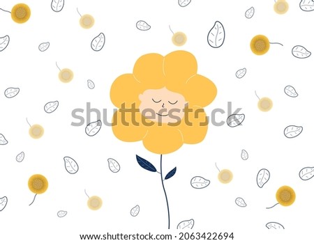 drawing children face on yellow flower with leaf for background, vector, sleep, baby