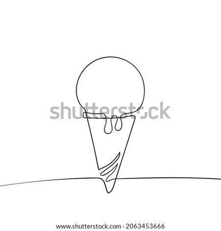 Ice Cream line art, Continuous one line drawing of One scoop of ice cream in waffle cone, Black and white graphics, Vector illustration design element