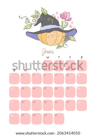 Witch hat. Calendar 2022. Month - June. Isolated vector objects on a white background.