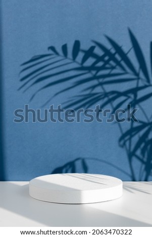 Minimal abstract blue and white background for eco cosmetic product presentation. Cylindrical white scene. Premium podium with a shadow of tropical palm leaves. Empty showcase. Royalty-Free Stock Photo #2063470322