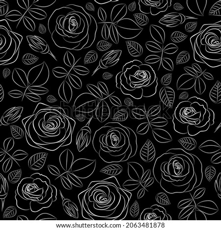 Illustration of seamless pattern from rose outlines in black and white colors
