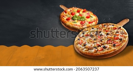 2 pizza Concept promotional flyer and poster for Restaurants or pizzerias, template with delicious taste  pizza, mozzarella cheese and copy space for your text