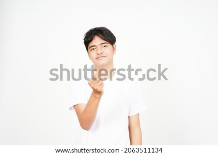 Asian man Wearing white Color T-Shirt make and showing love heart hand sign Isolated On White Background