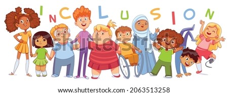 Concept diversity and inclusion. Group of multi ethnic friends. Panoramic banner. Colorful cartoon characters. Funny vector illustration. Isolated on white background Royalty-Free Stock Photo #2063513258