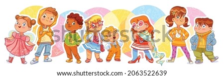 Fashion children. Funny cartoon character. Vector illustration. Seamless panorama. Isolated on white background