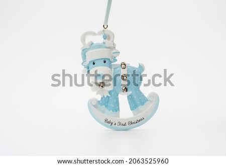 Blue toy horse. Personalized Christmas Ornaments with white background