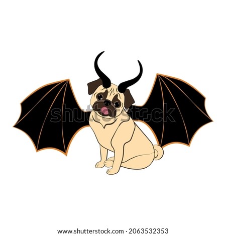 Halloween Pug in spooky costume with wings and horns on the white background.