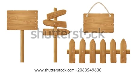 Wooden board with rope, fence, signboard and direction sign on posts. Vector realistic set of empty timber signage, guidepost, pointer and fencing with wood texture isolated on white background Royalty-Free Stock Photo #2063549630