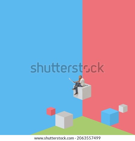 Creating masterpiece. Contemporary artwork of senior painter sitting on cube isolated on red blue background. Concept of art, painting, work, project, imagination, creativity. Copy space for ad