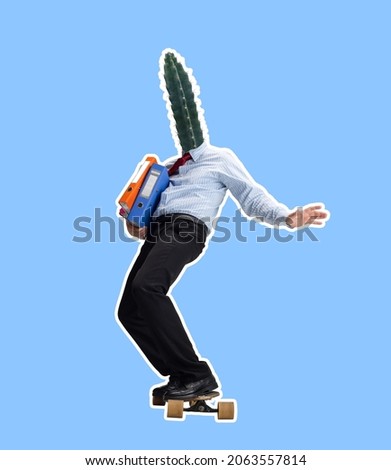 Contemporary art collage of employee with cactus head in official suit standing on skateboard, holding folders isolated over blue background. Concept of growth, ecology, imagination. Copy space for ad