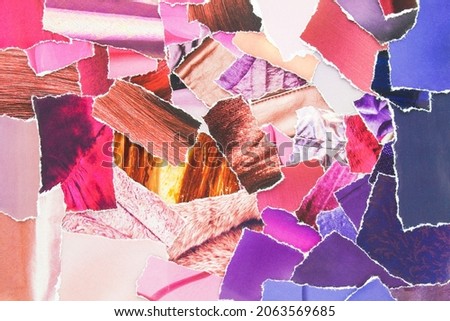 Collage from torn pieces of magazine paper. Abstract creative background from clippings with magazine paper in pink and purple colours.