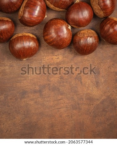 Chestnuts on on an old board with copy space. Autumn fall concept. Horse chestnuts top view
