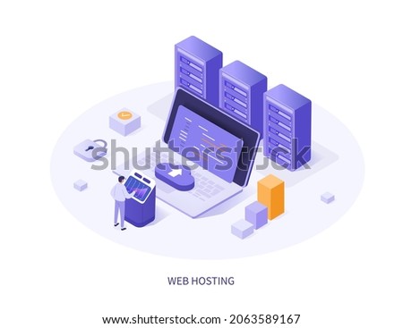 Server isometric. Character staying near control panel and managing files and data on cloud web server. Web hosting service with cyber security technology concept. Vector illustration.
 Royalty-Free Stock Photo #2063589167