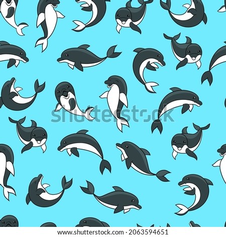 Vector seamless pattern with cute cartoon gray dolphins on a blue background. For the design of packages, covers, textile prints